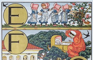 E-F, da un alfabeto basato su filastrocche (incisione a colori) da Walter Crane